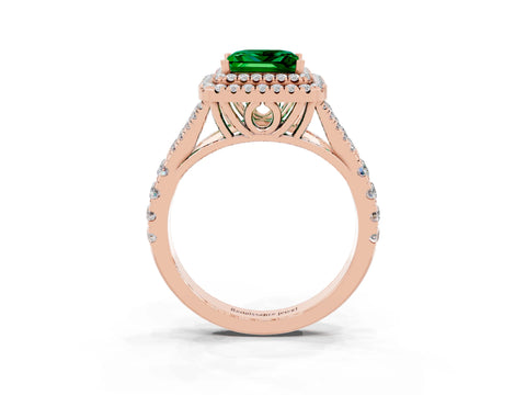 Rose gold Double Halo Princess Cut Emerald Pavé Split Shank Ring with Prong Setting_3