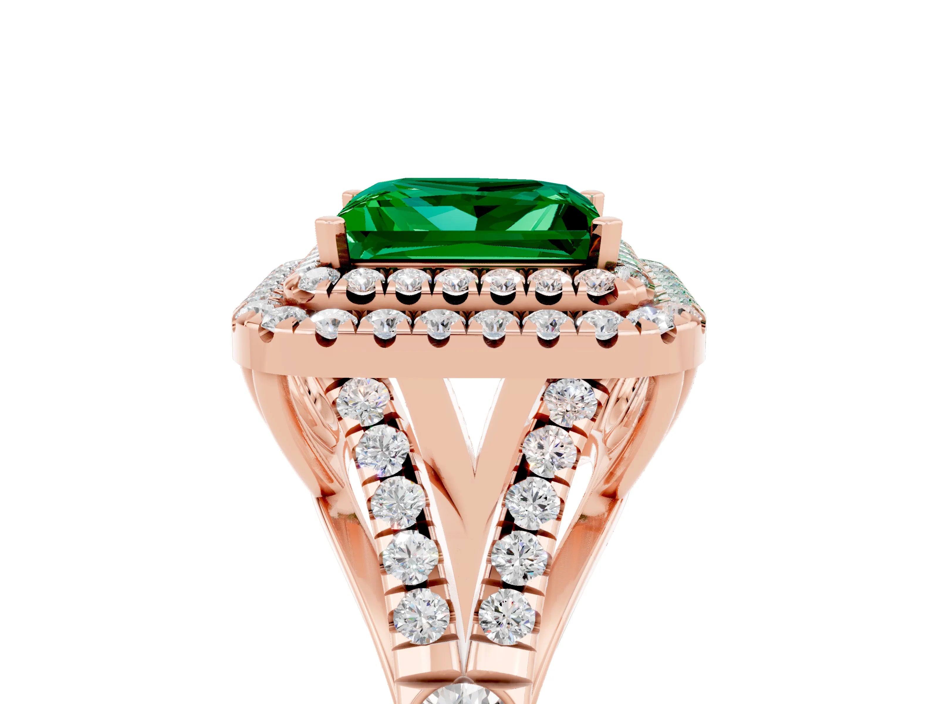 Rose gold Double Halo Princess Cut Emerald Pavé Split Shank Ring with Prong Setting_5