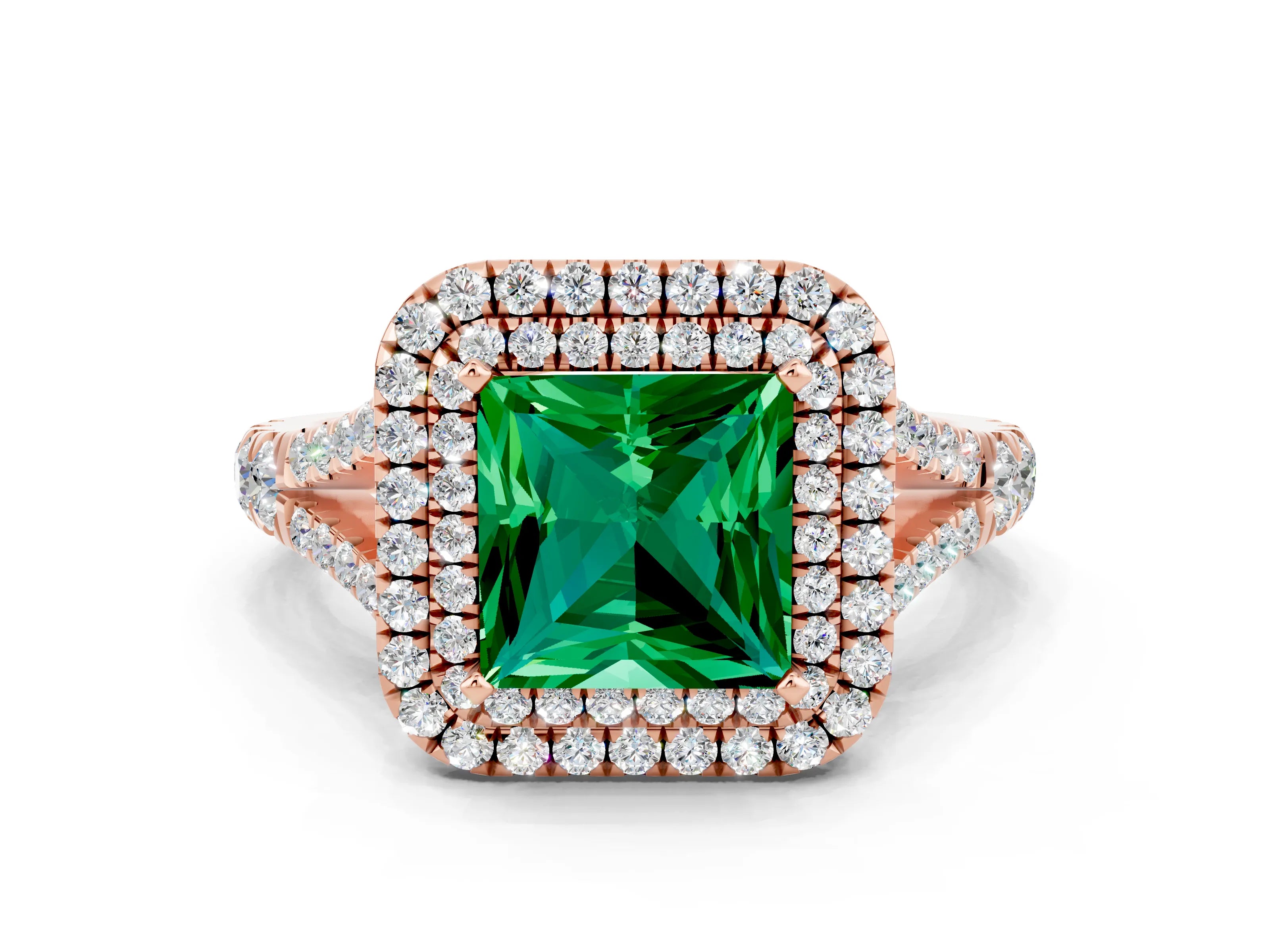 Rose gold Double Halo Princess Cut Emerald Split Shank Engagement Ring with Four-Prong Setting