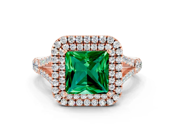 Rose gold Double Halo Princess Cut Emerald Split Shank Engagement Ring with Four-Prong Setting
