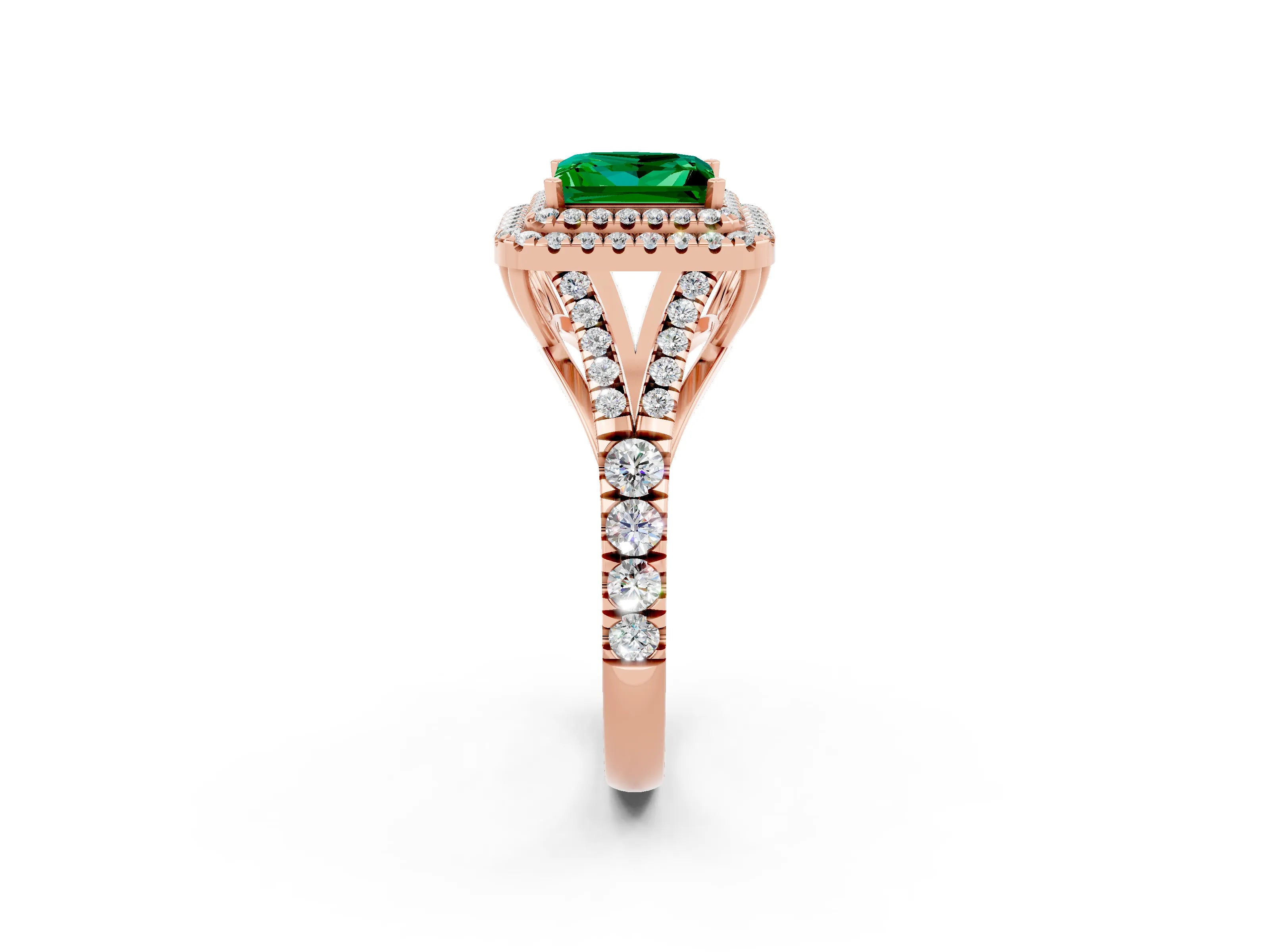 Rose gold Double Halo Princess Cut Emerald Split Shank Engagement Ring with Four-Prong Setting_2