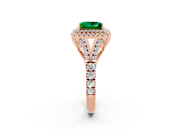 Rose gold Double Halo Princess Cut Emerald Split Shank Engagement Ring with Four-Prong Setting