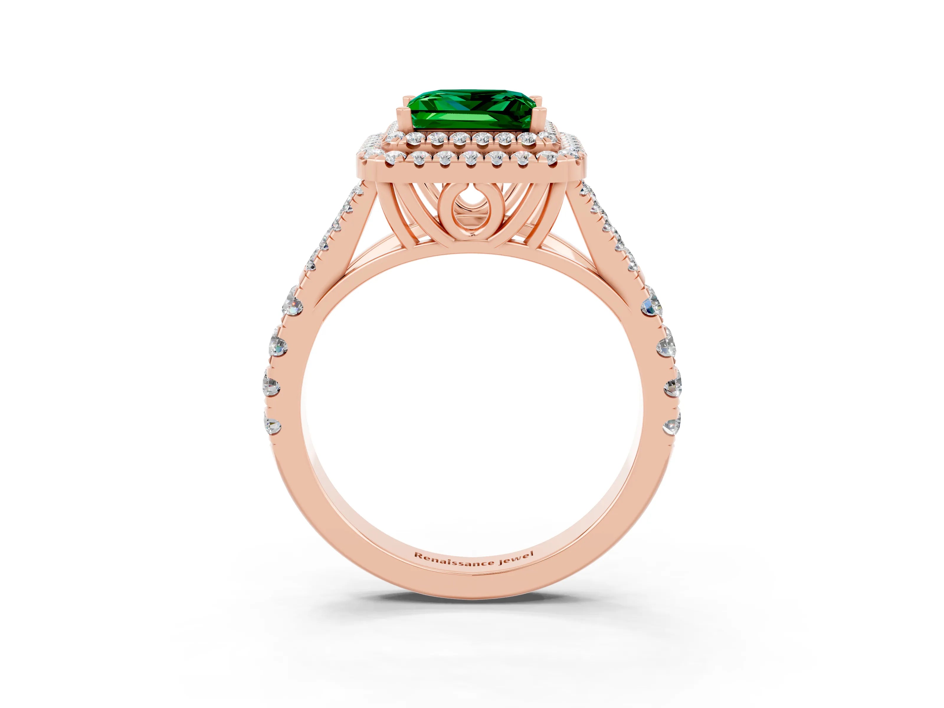 Rose gold Double Halo Princess Cut Emerald Split Shank Engagement Ring with Four-Prong Setting_3