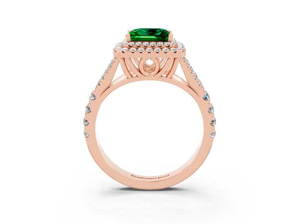 Rose gold Double Halo Princess Cut Emerald Split Shank Engagement Ring with Four-Prong Setting