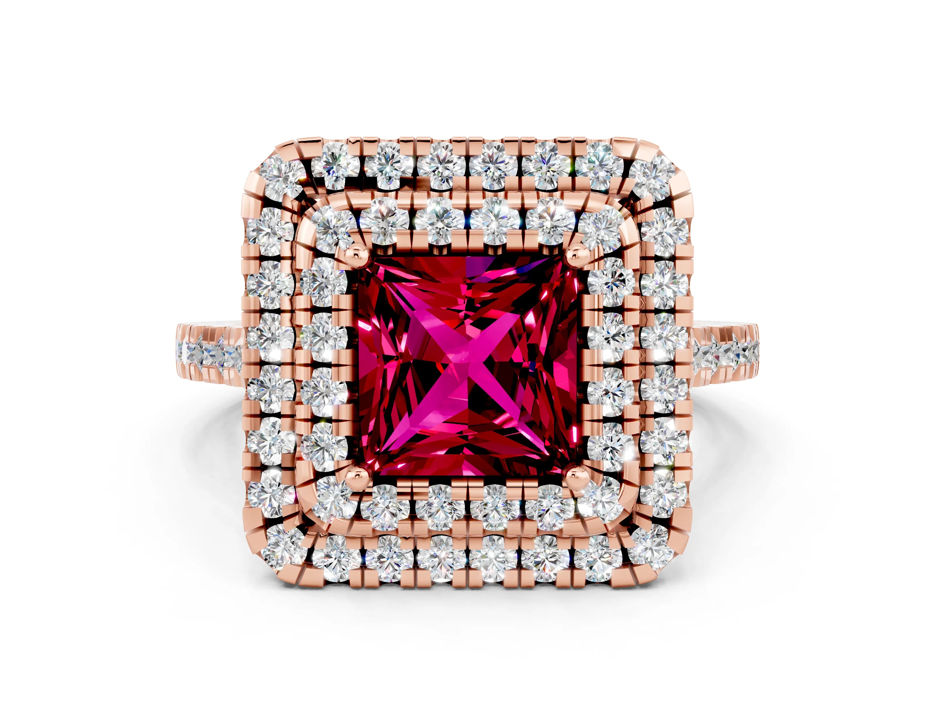 Rose gold Double Halo Princess Cut Garnet Pavé Band with Four-Prong Setting