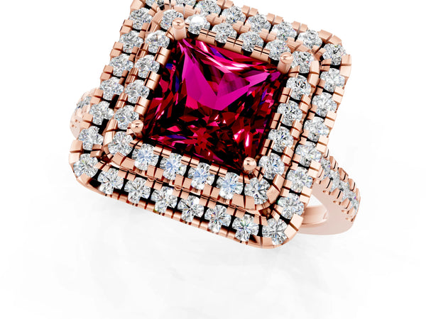 Rose gold Double Halo Princess Cut Garnet Pavé Band with Four-Prong Setting