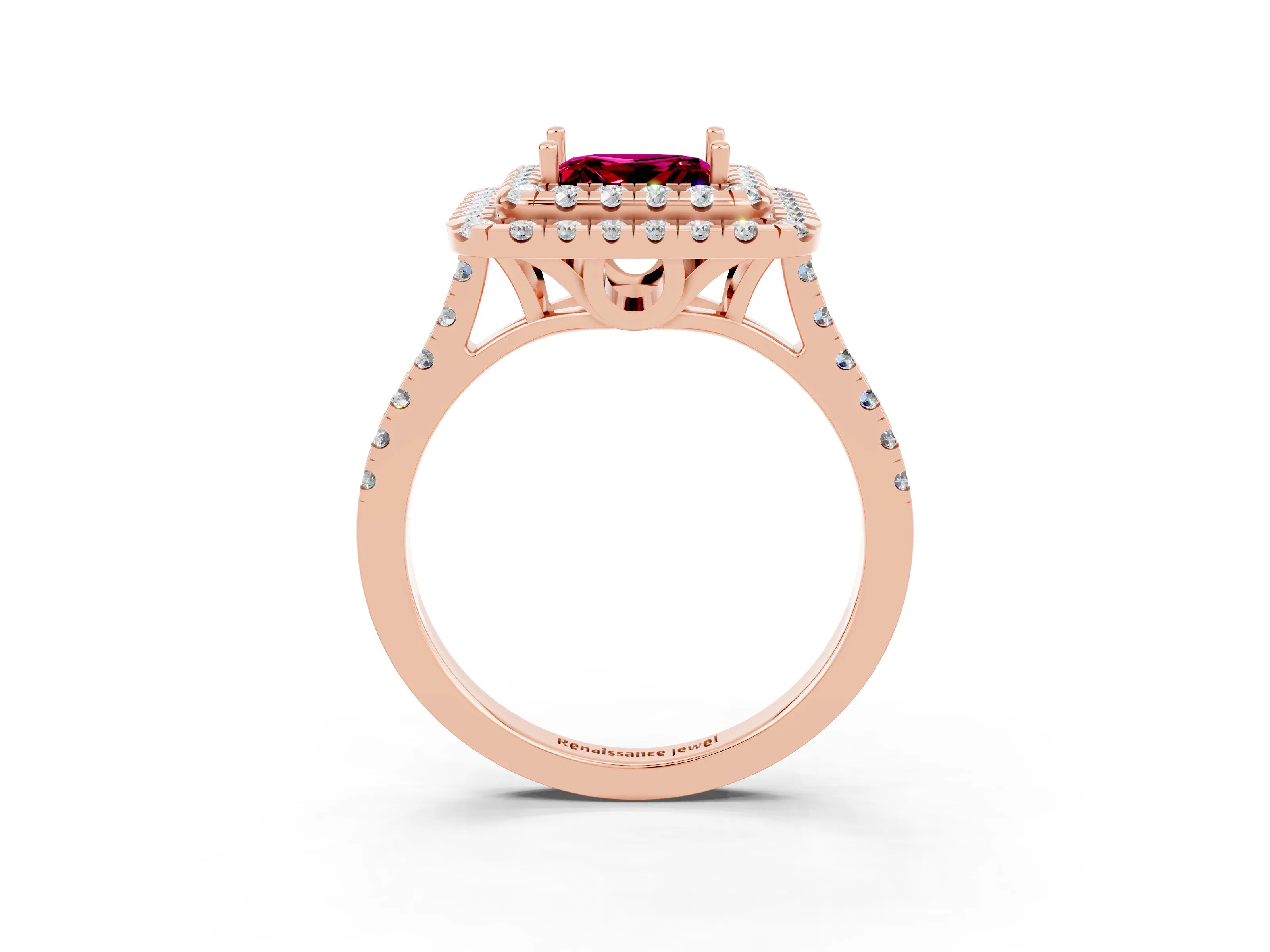 Rose gold Double Halo Princess Cut Garnet Pavé Band with Four-Prong Setting_3