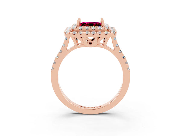 Rose gold Double Halo Princess Cut Garnet Pavé Band with Four-Prong Setting