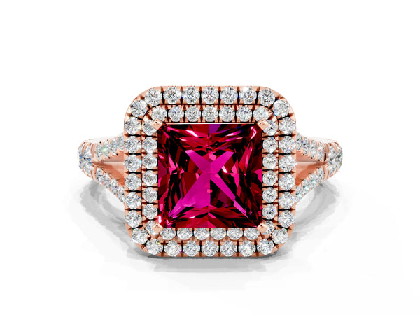 Rose gold Double Halo Princess Cut Garnet Pavé Split Shank Ring with Prong Setting