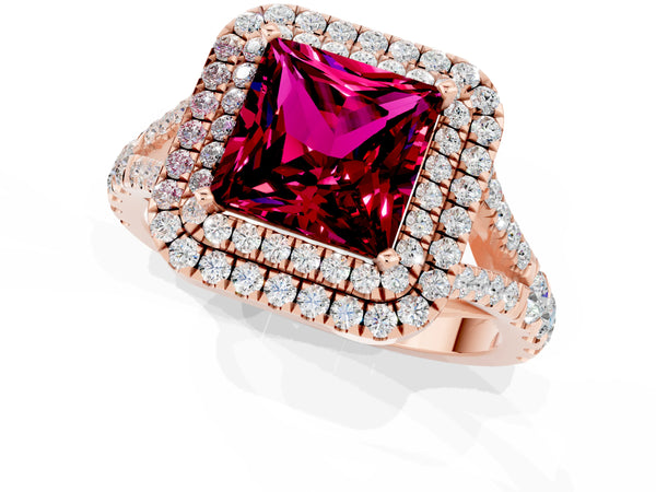 Rose gold Double Halo Princess Cut Garnet Pavé Split Shank Ring with Prong Setting