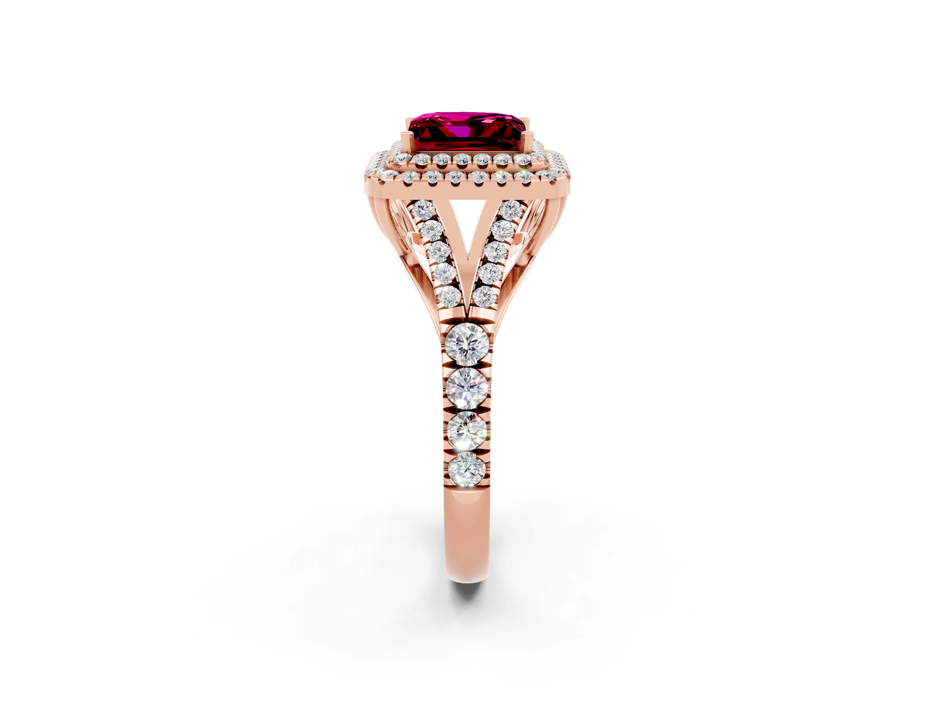 Rose gold Double Halo Princess Cut Garnet Pavé Split Shank Ring with Prong Setting_2