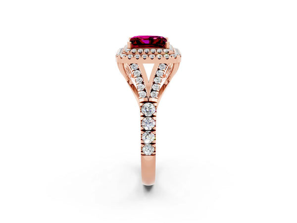 Rose gold Double Halo Princess Cut Garnet Pavé Split Shank Ring with Prong Setting
