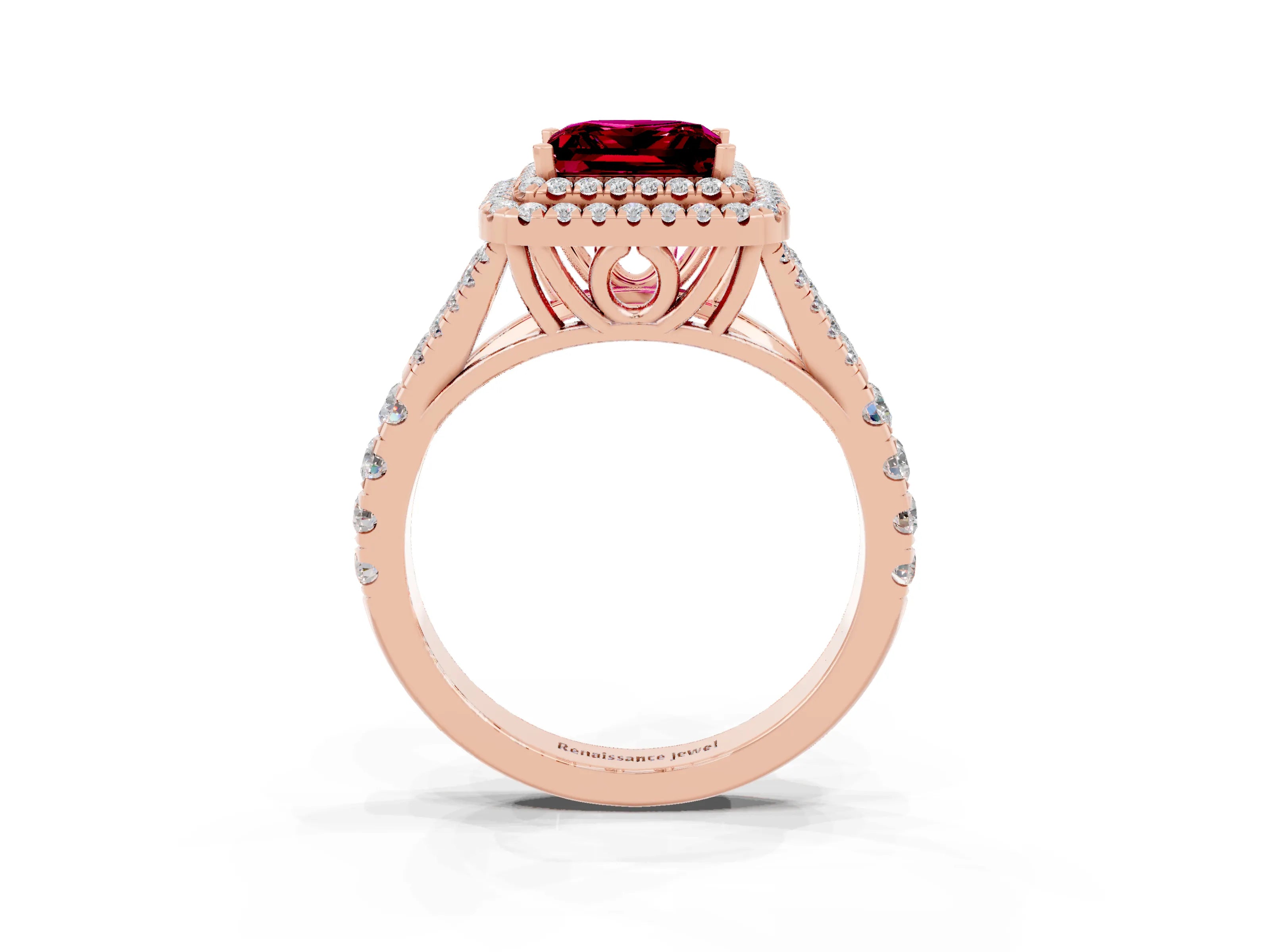 Rose gold Double Halo Princess Cut Garnet Pavé Split Shank Ring with Prong Setting_3