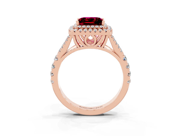 Rose gold Double Halo Princess Cut Garnet Pavé Split Shank Ring with Prong Setting