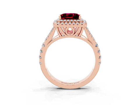Rose gold Double Halo Princess Cut Garnet Pavé Split Shank Ring with Prong Setting_3