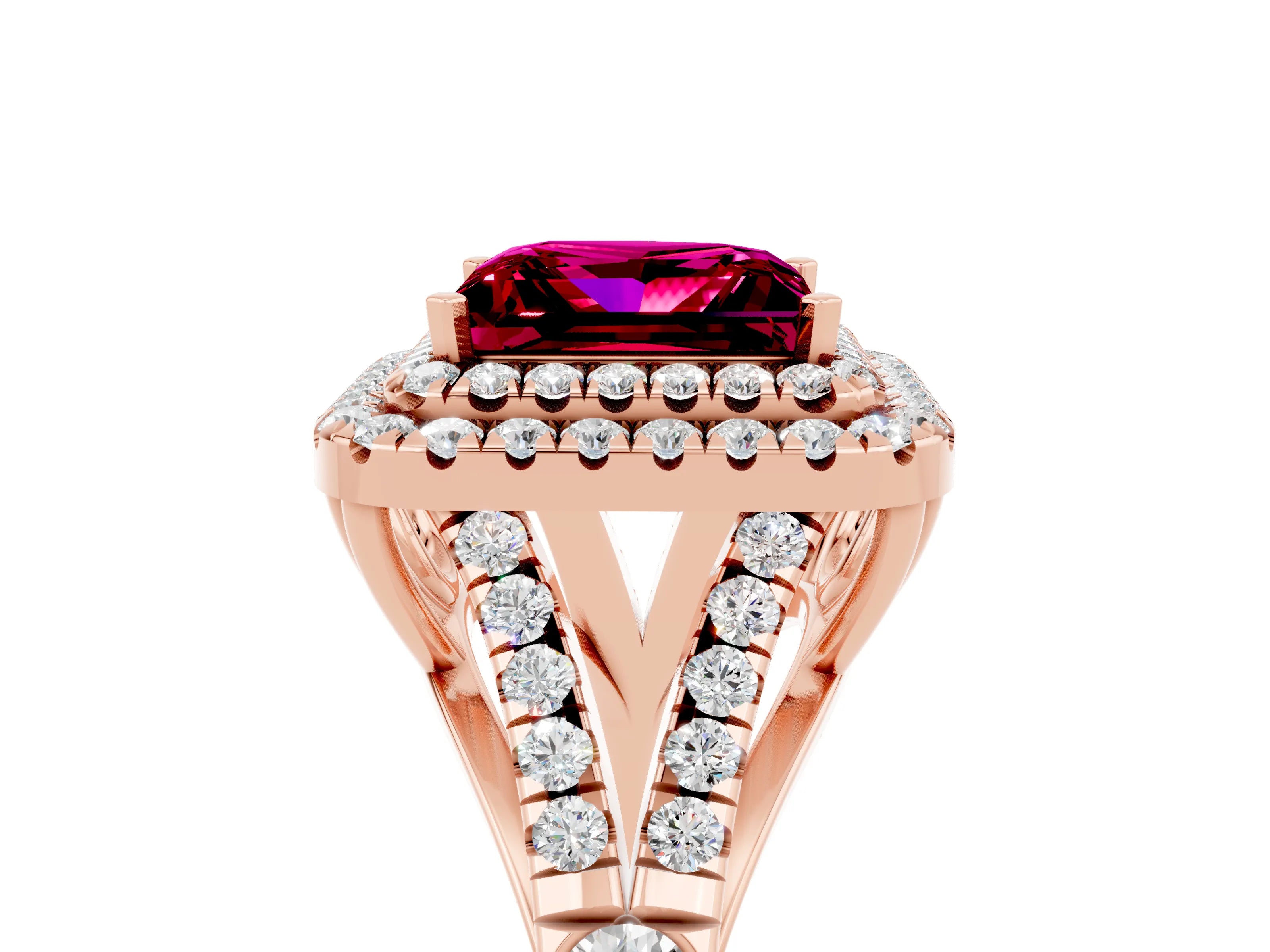 Rose gold Double Halo Princess Cut Garnet Pavé Split Shank Ring with Prong Setting_5