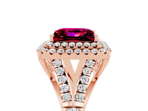 Rose gold Double Halo Princess Cut Garnet Pavé Split Shank Ring with Prong Setting_5