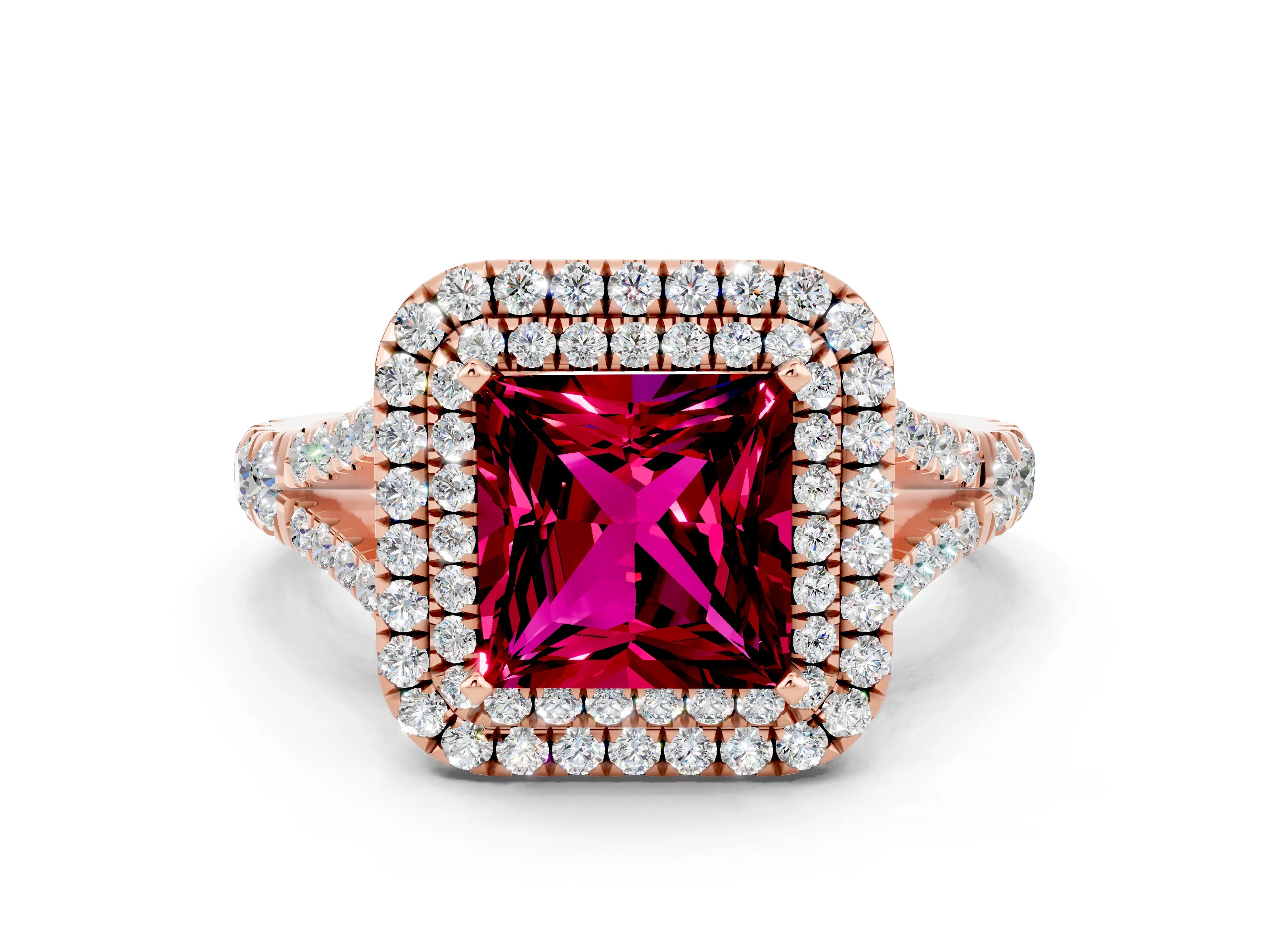 Rose gold Double Halo Princess Cut Garnet Split Shank Engagement Ring with Four-Prong Setting