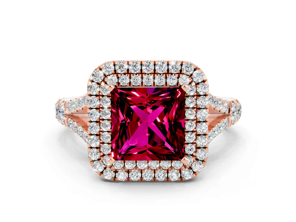 Rose gold Double Halo Princess Cut Garnet Split Shank Engagement Ring with Four-Prong Setting