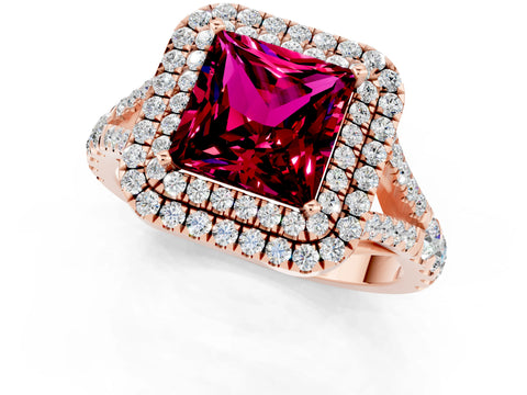 Rose gold Double Halo Princess Cut Garnet Split Shank Engagement Ring with Four-Prong Setting_1