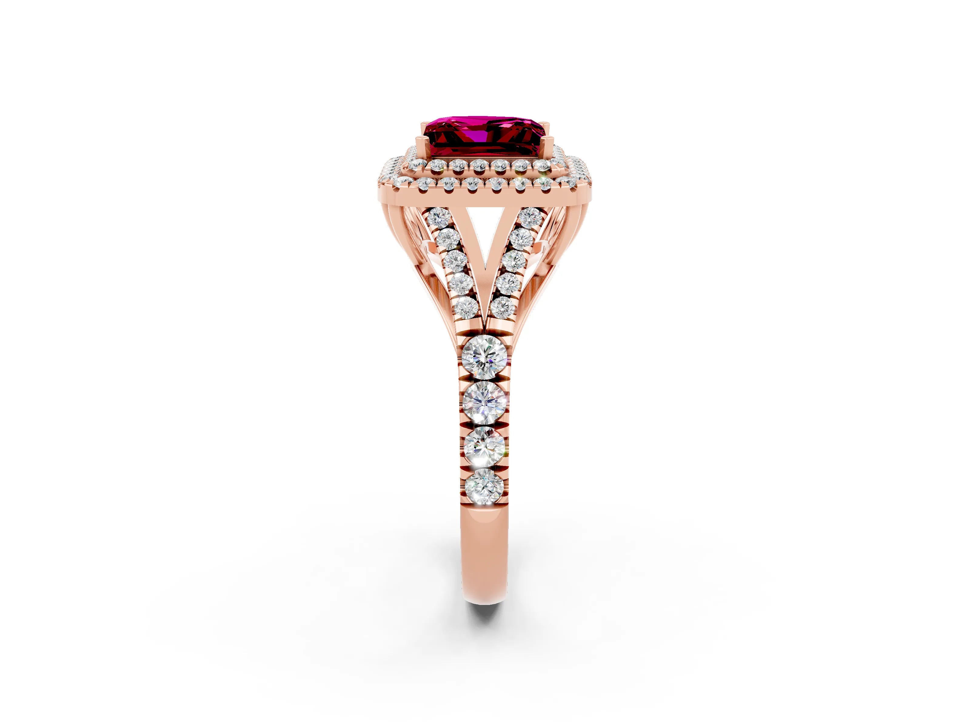 Rose gold Double Halo Princess Cut Garnet Split Shank Engagement Ring with Four-Prong Setting_2