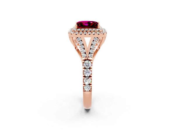 Rose gold Double Halo Princess Cut Garnet Split Shank Engagement Ring with Four-Prong Setting