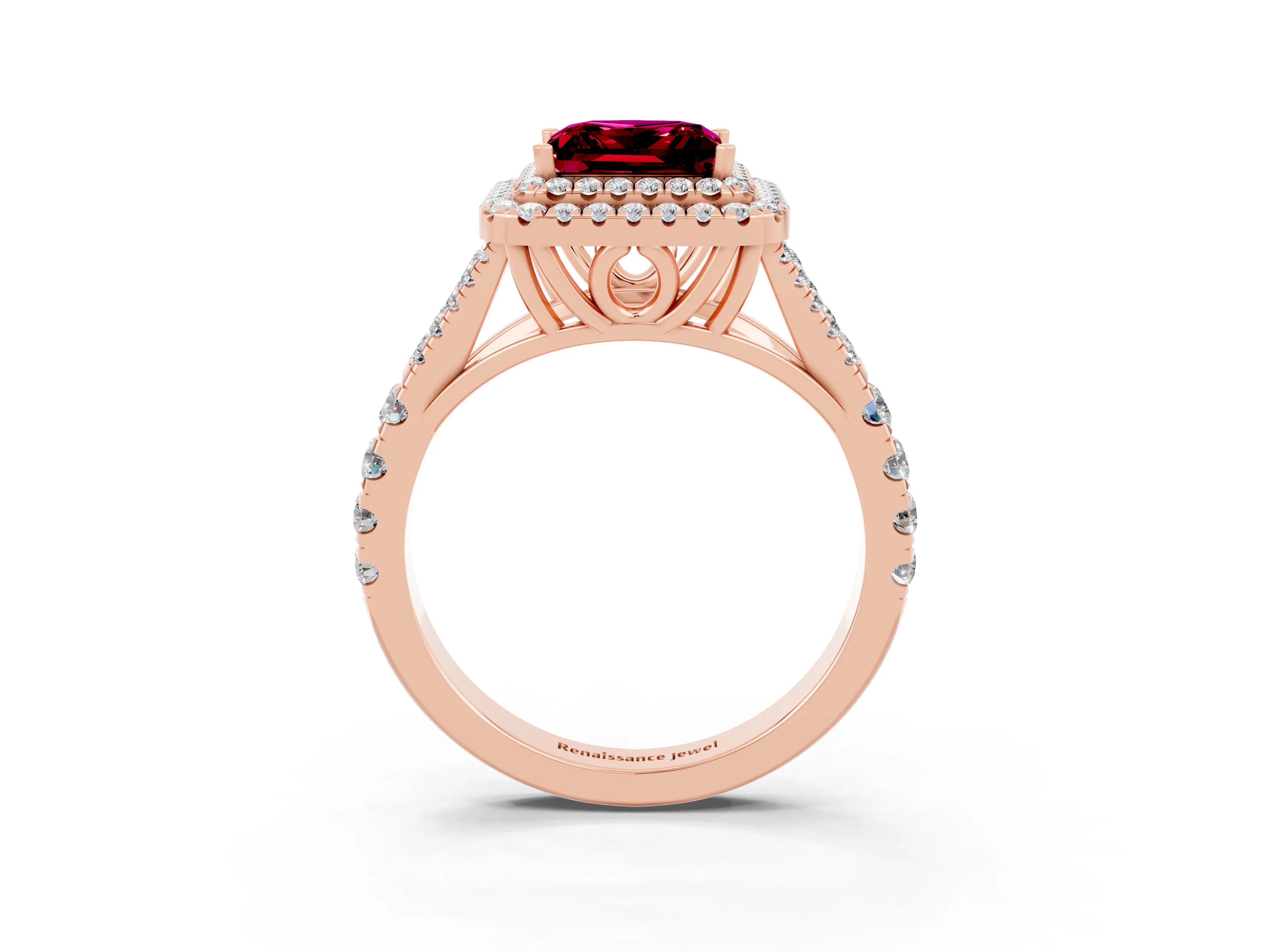 Rose gold Double Halo Princess Cut Garnet Split Shank Engagement Ring with Four-Prong Setting_3