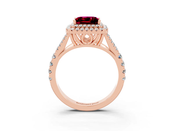 Rose gold Double Halo Princess Cut Garnet Split Shank Engagement Ring with Four-Prong Setting