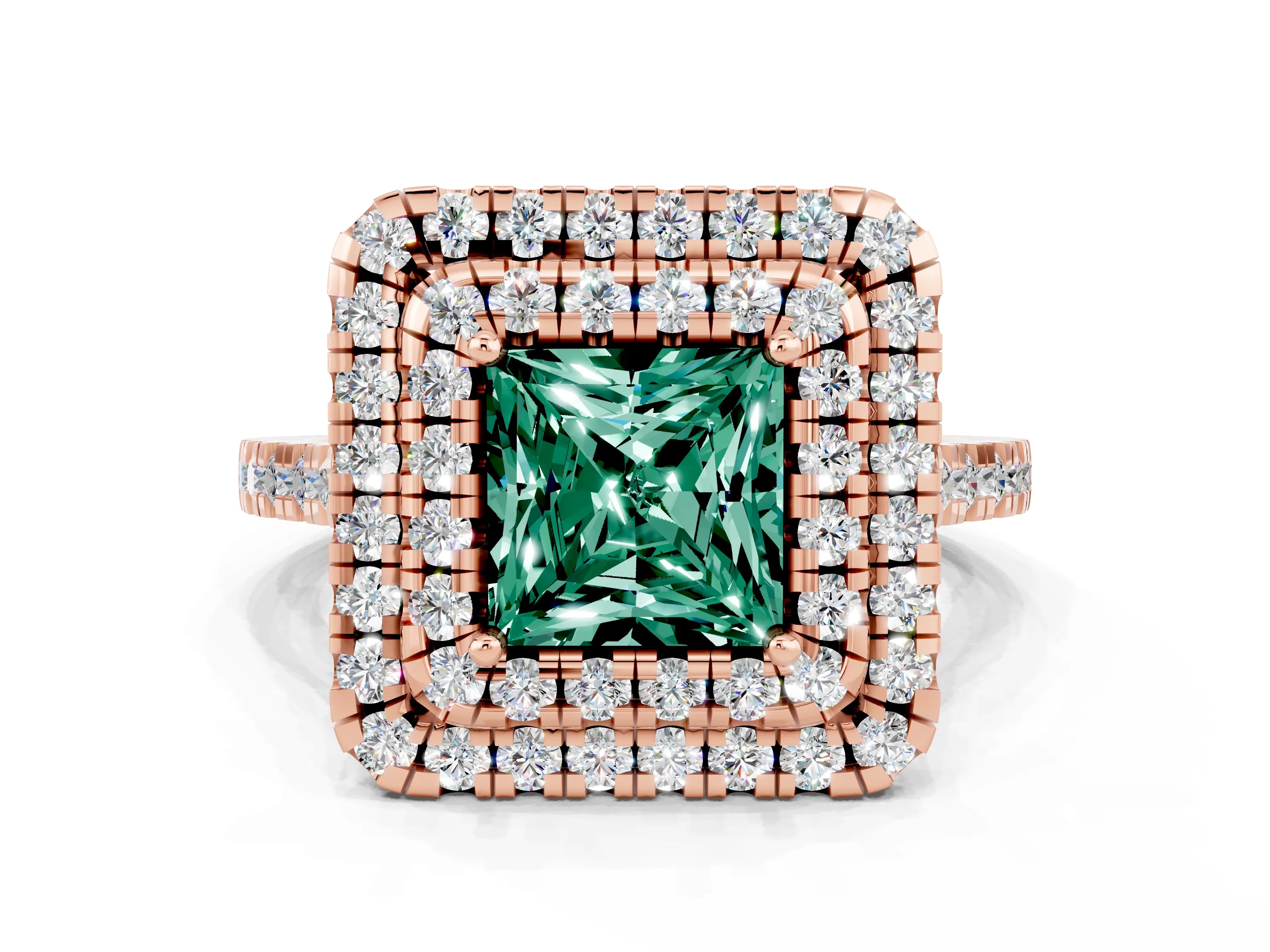 Rose gold Double Halo Princess Cut Green Sapphire Pavé Band with Four-Prong Setting_10
