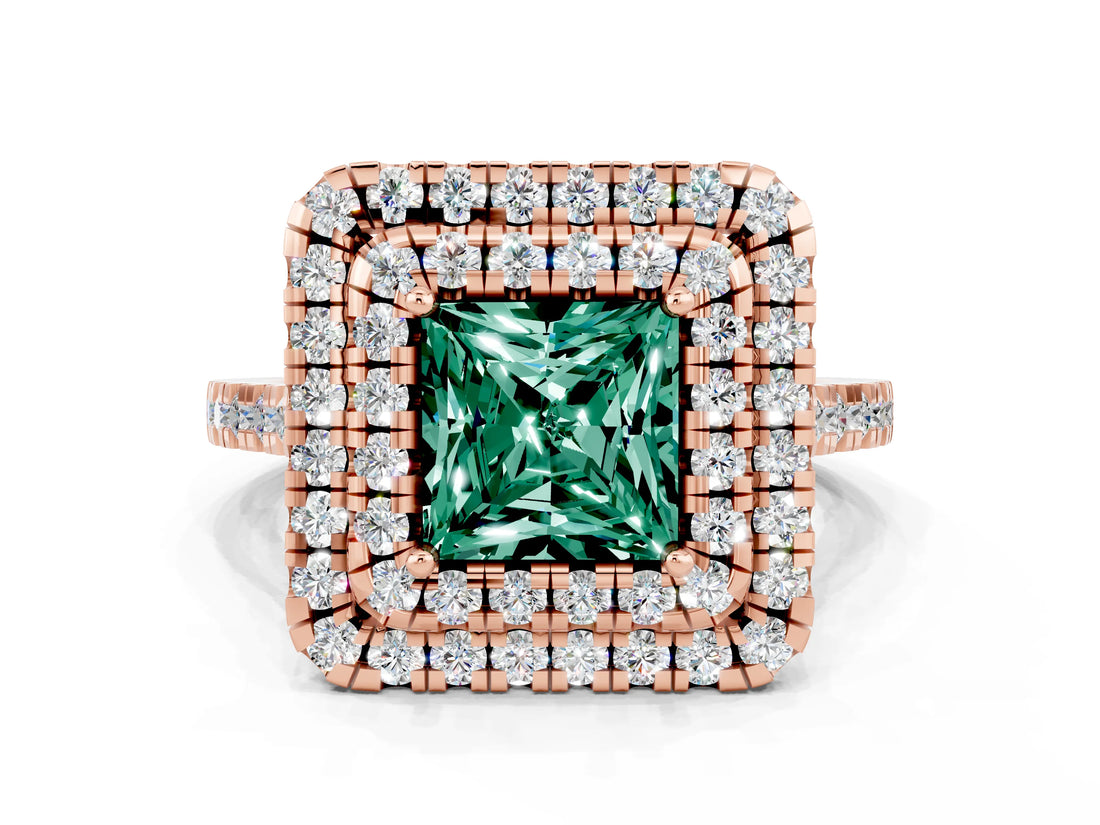 Rose gold Double Halo Princess Cut Green Sapphire Pavé Band with Four-Prong Setting_10
