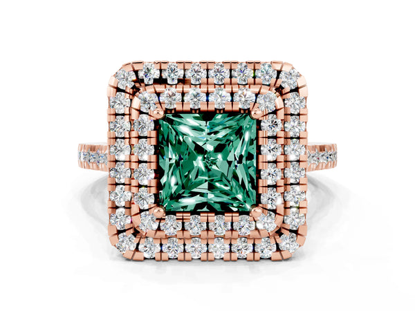 Rose gold Double Halo Princess Cut Green Sapphire Pavé Band with Four-Prong Setting