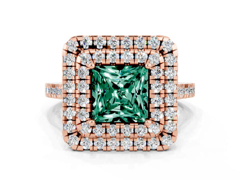 Rose gold Double Halo Princess Cut Green Sapphire Pavé Band with Four-Prong Setting_10