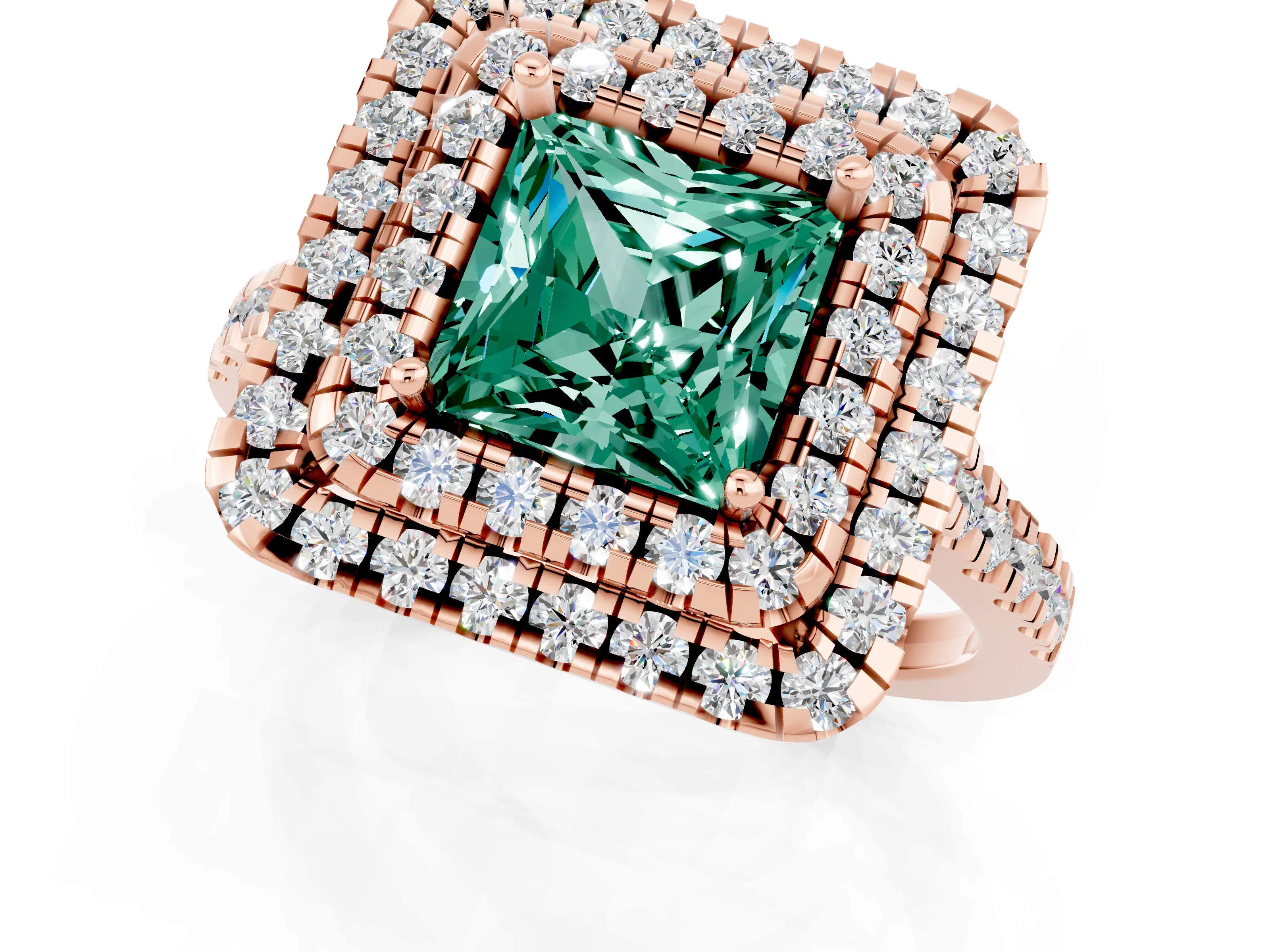 Rose gold Double Halo Princess Cut Green Sapphire Pavé Band with Four-Prong Setting_11