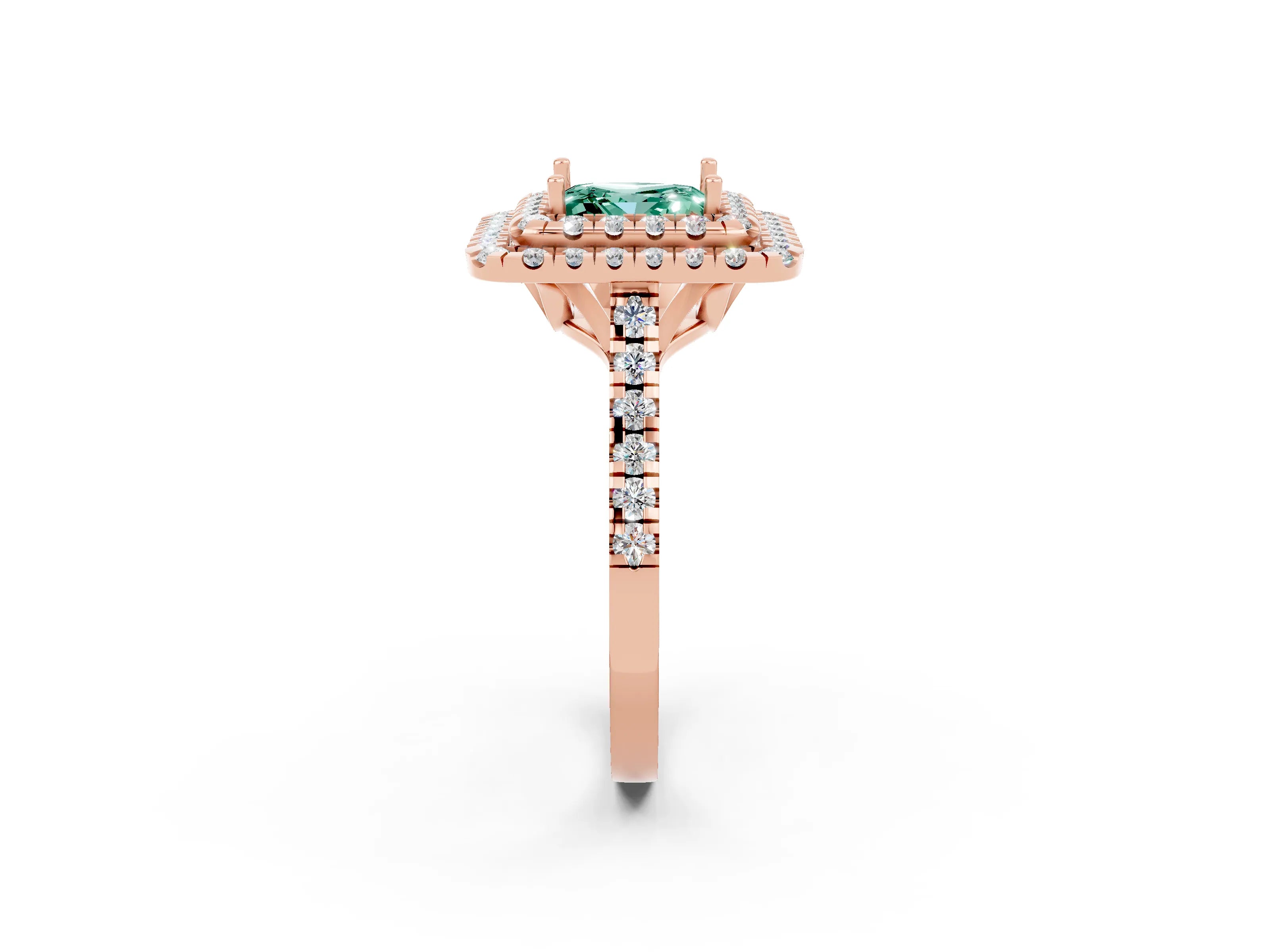 Rose gold Double Halo Princess Cut Green Sapphire Pavé Band with Four-Prong Setting_12