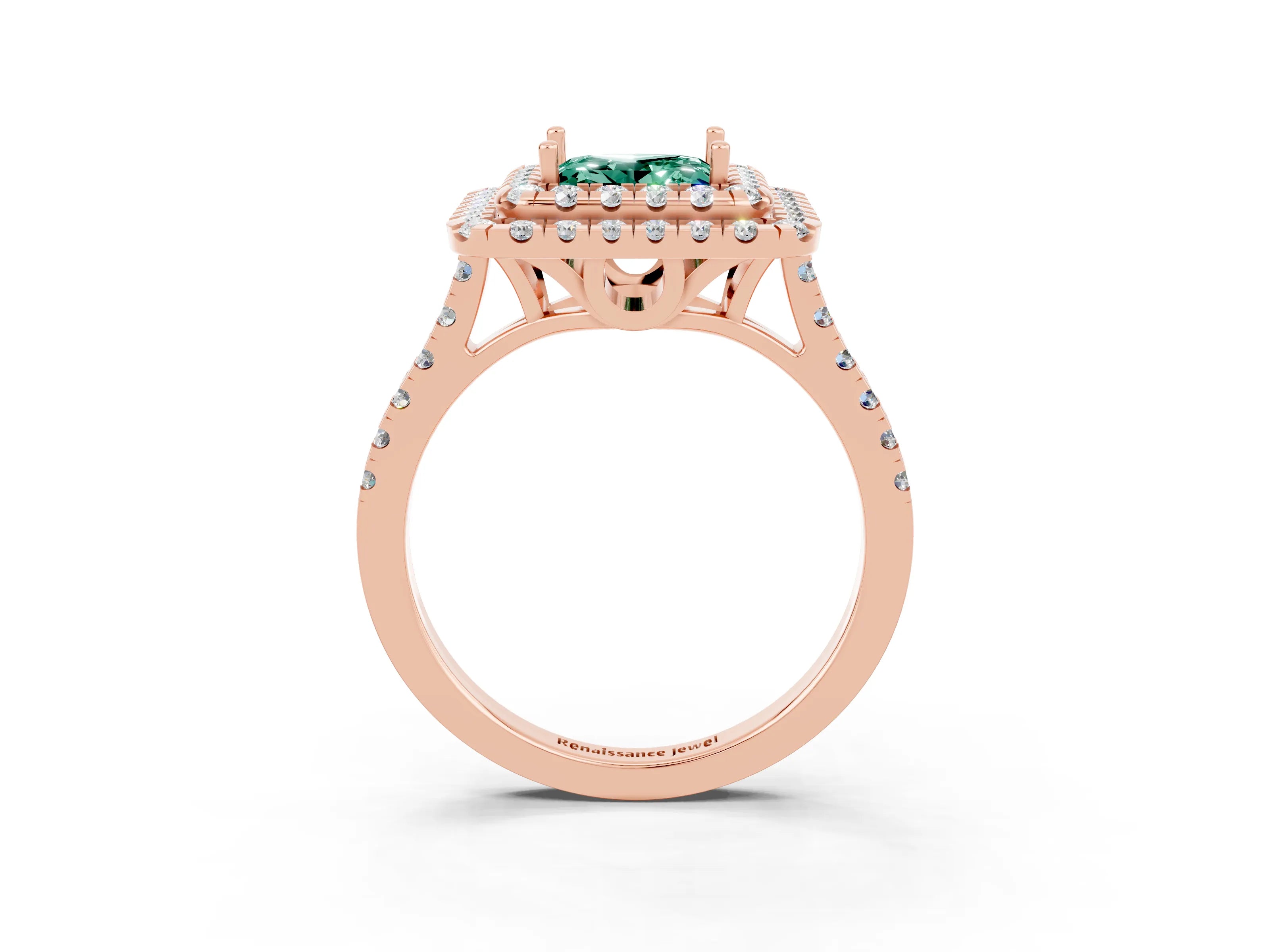 Rose gold Double Halo Princess Cut Green Sapphire Pavé Band with Four-Prong Setting_13