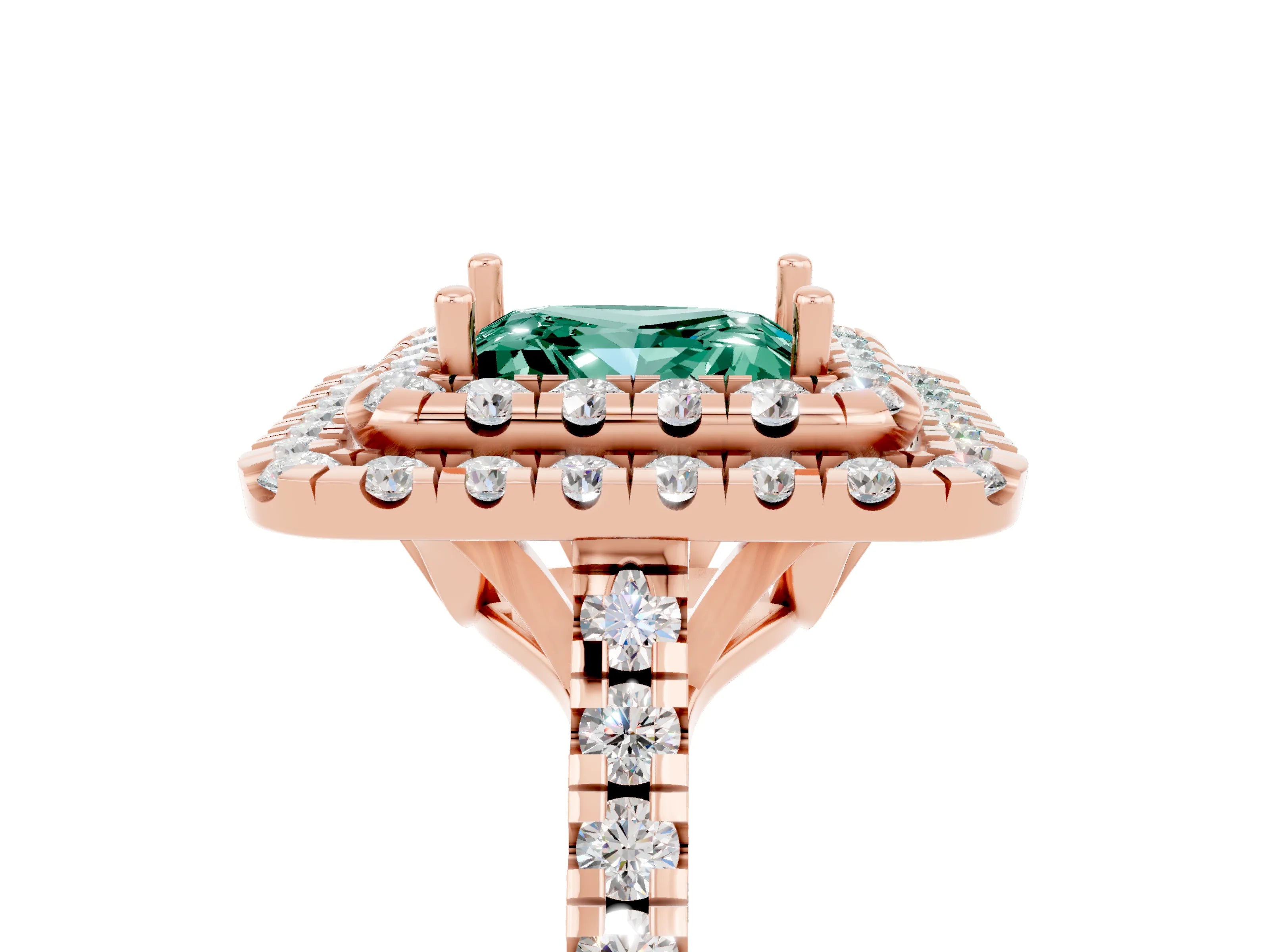Rose gold Double Halo Princess Cut Green Sapphire Pavé Band with Four-Prong Setting_15