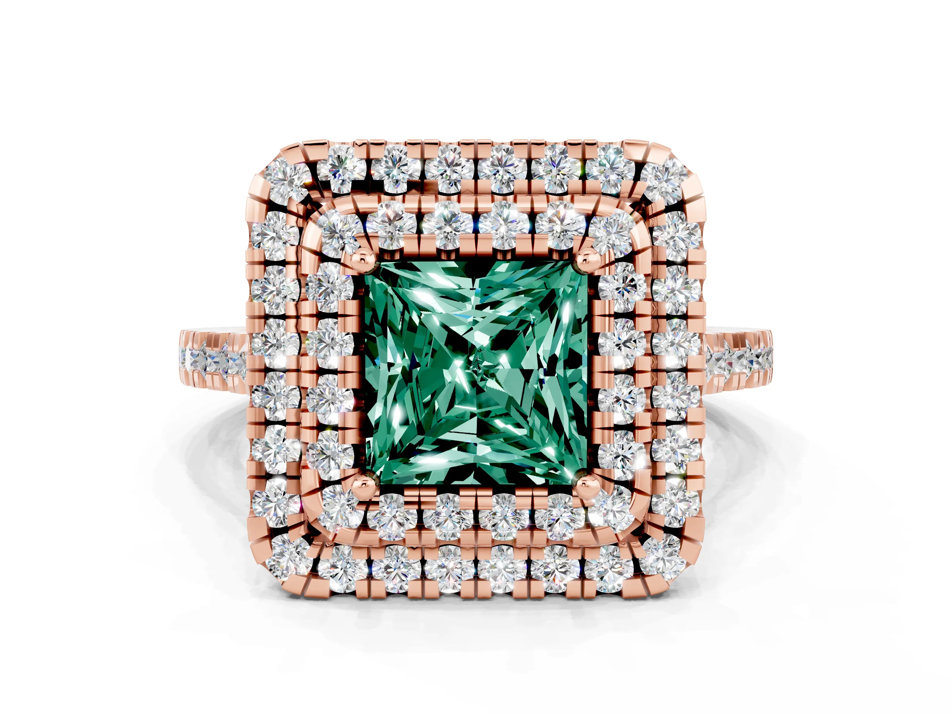 Rose gold Double Halo Princess Cut Green Sapphire Pavé Band with Four-Prong Setting_22