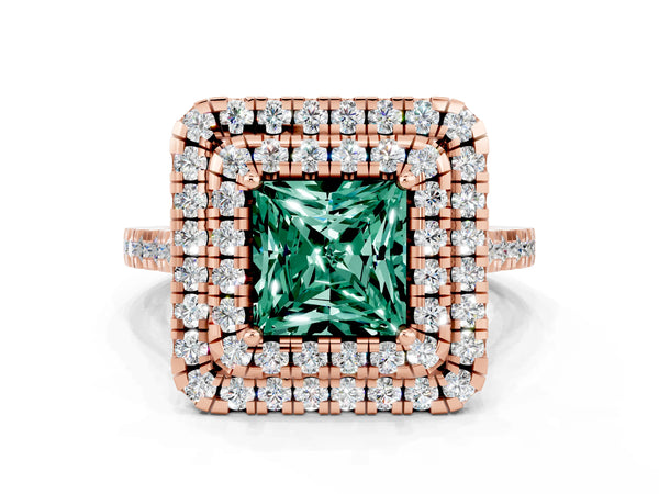 Rose gold Double Halo Princess Cut Green Sapphire Pavé Band with Four-Prong Setting