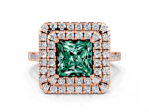 Rose gold Double Halo Princess Cut Green Sapphire Pavé Band with Four-Prong Setting_22
