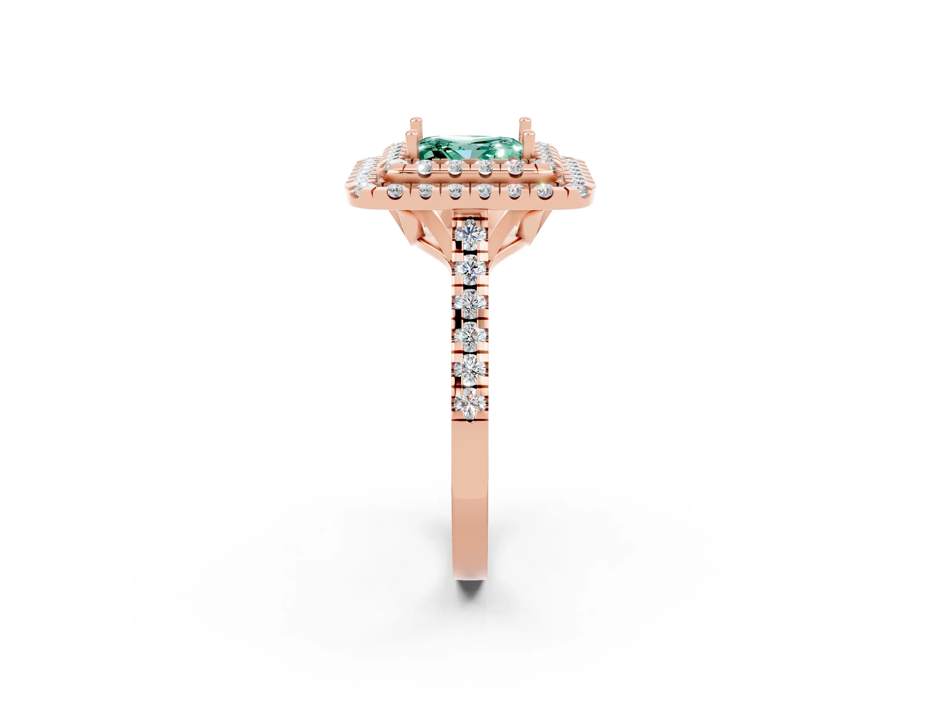 Rose gold Double Halo Princess Cut Green Sapphire Pavé Band with Four-Prong Setting_24