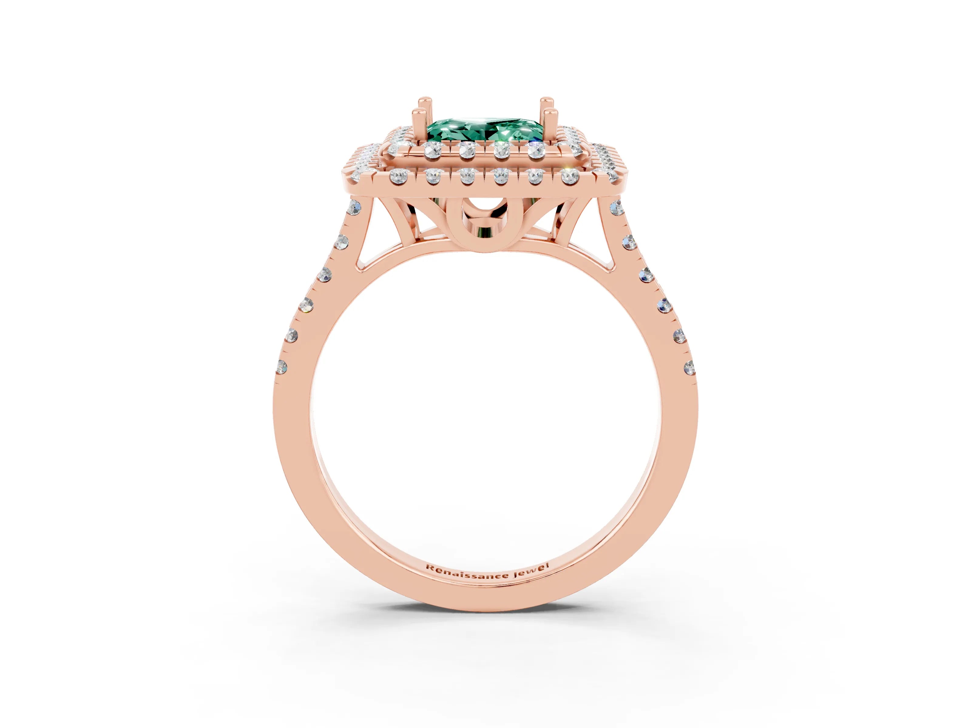 Rose gold Double Halo Princess Cut Green Sapphire Pavé Band with Four-Prong Setting_3