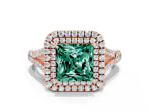 Rose gold Double Halo Princess Cut Green Sapphire Pavé Split Shank Ring with Prong Setting