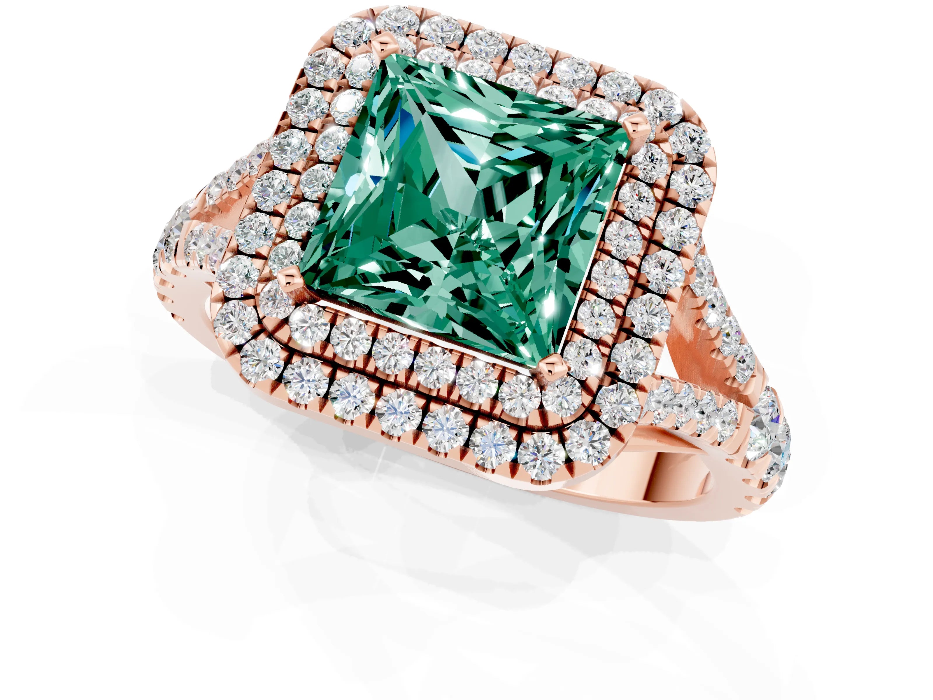 Rose gold Double Halo Princess Cut Green Sapphire Pavé Split Shank Ring with Prong Setting_1