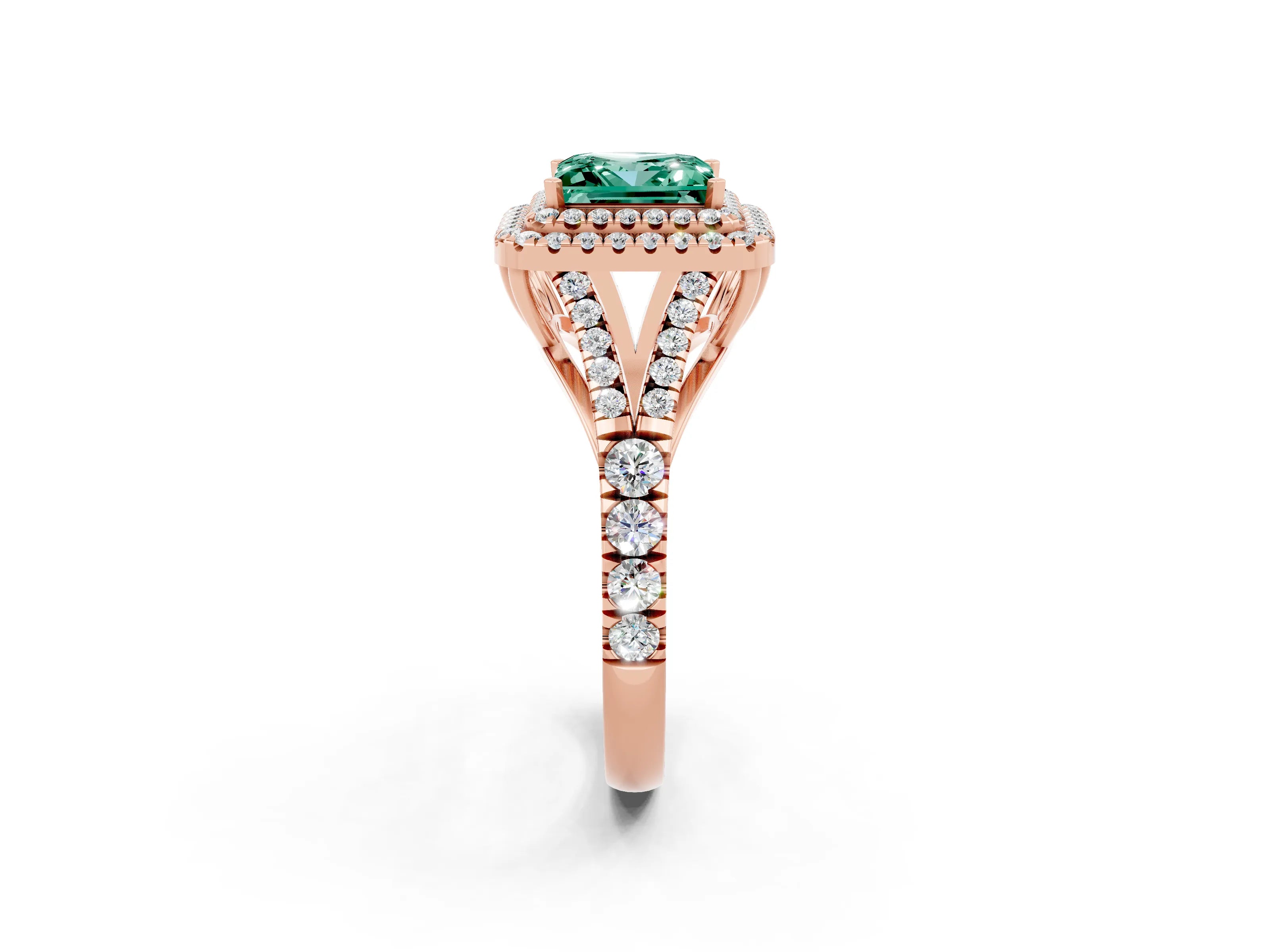 Rose gold Double Halo Princess Cut Green Sapphire Pavé Split Shank Ring with Prong Setting_2