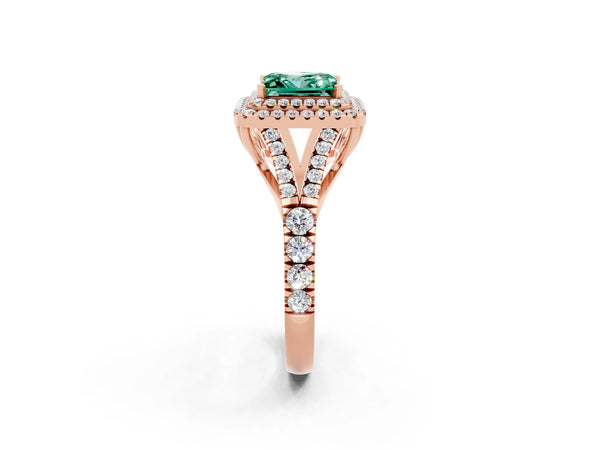 Rose gold Double Halo Princess Cut Green Sapphire Pavé Split Shank Ring with Prong Setting