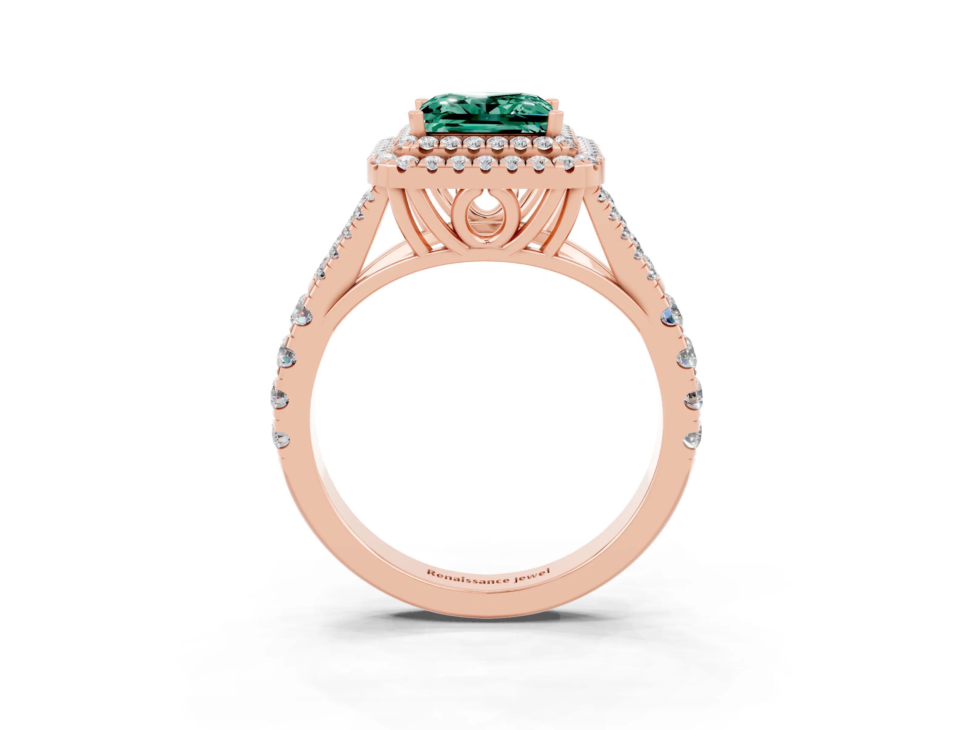 Rose gold Double Halo Princess Cut Green Sapphire Pavé Split Shank Ring with Prong Setting_3