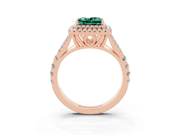 Rose gold Double Halo Princess Cut Green Sapphire Pavé Split Shank Ring with Prong Setting