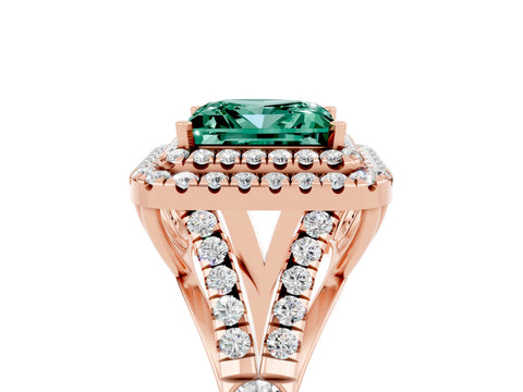 Rose gold Double Halo Princess Cut Green Sapphire Pavé Split Shank Ring with Prong Setting_5