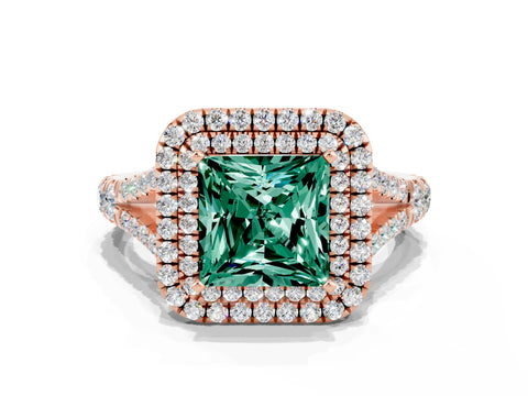 Rose gold Double Halo Princess Cut Green Sapphire Pavé Split Shank Ring with Prong Setting