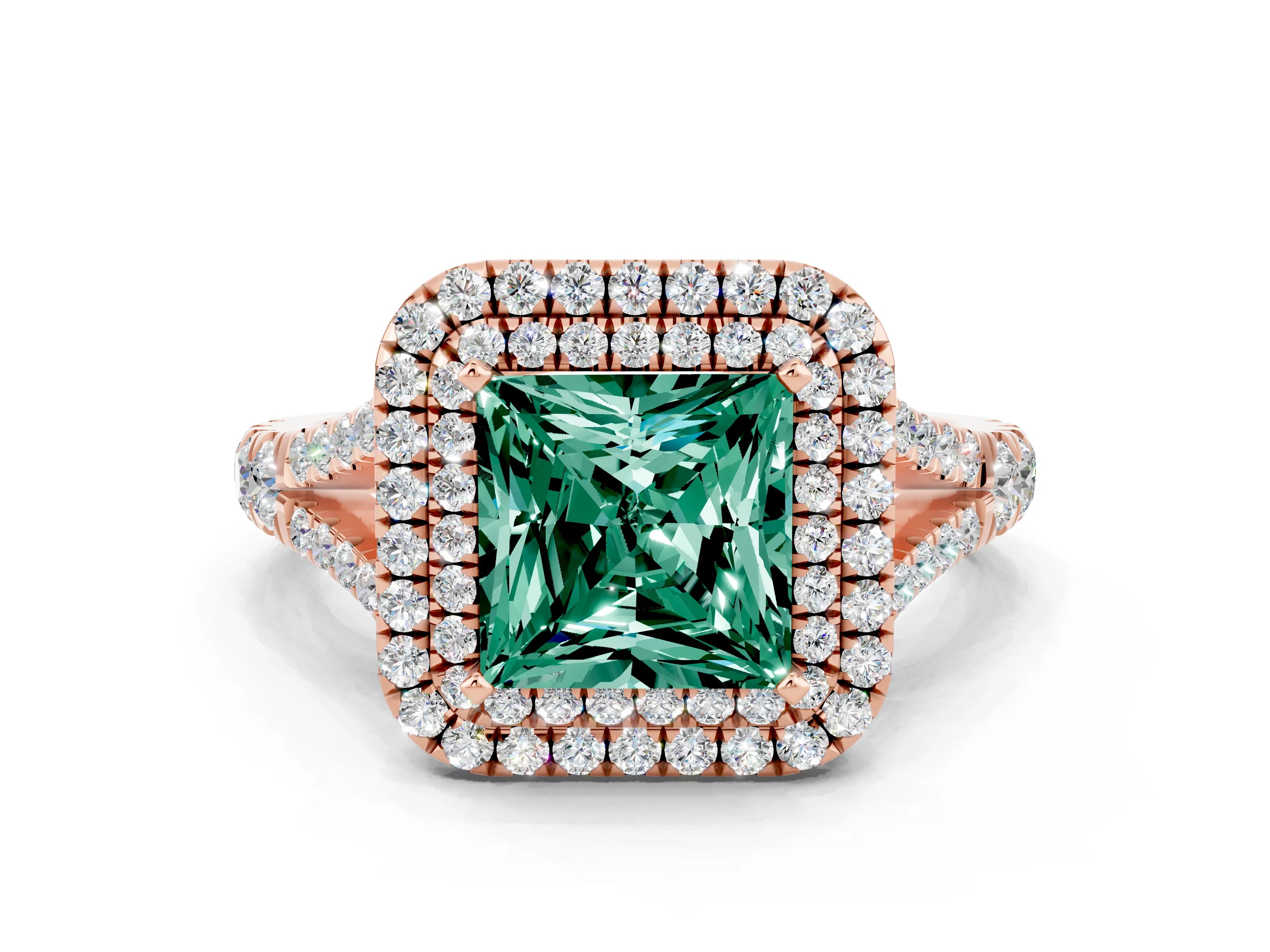 Rose gold Double Halo Princess Cut Green Sapphire Split Shank Engagement Ring with Four-Prong Setting